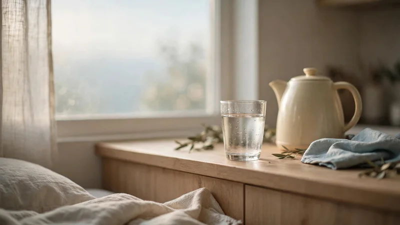 A glass of water on a kitchen counter beside a window in soft morning light