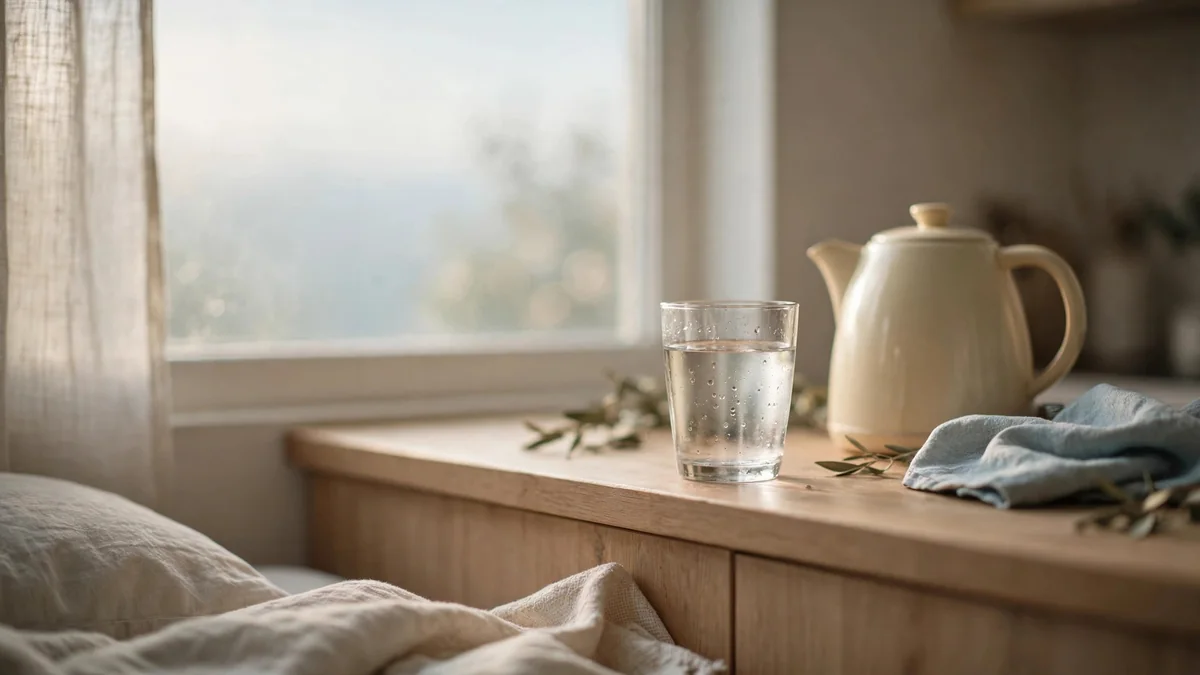 A glass of water on a kitchen counter beside a window in soft morning light