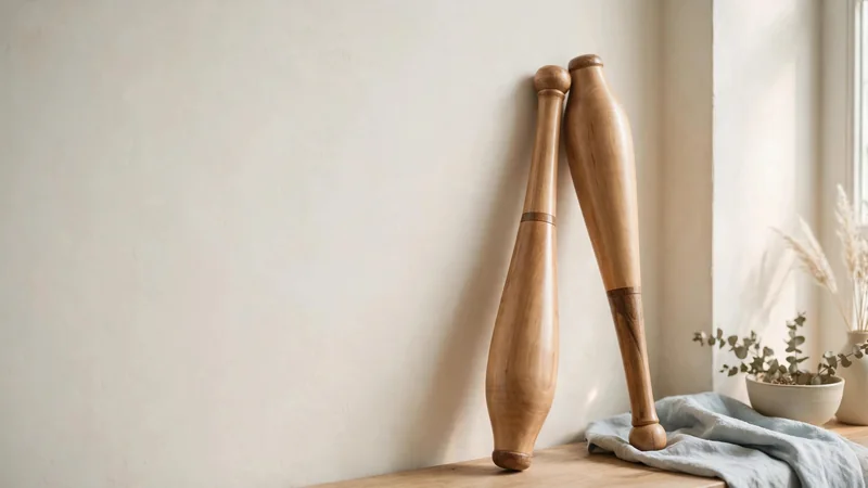 A pair of wooden clubs displayed against a plain wall in a bright room