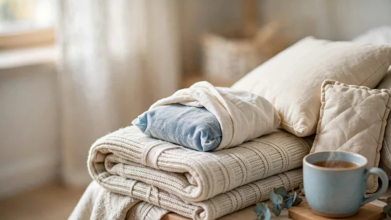 A cold pack wrapped in a thin towel resting on a folded blanket