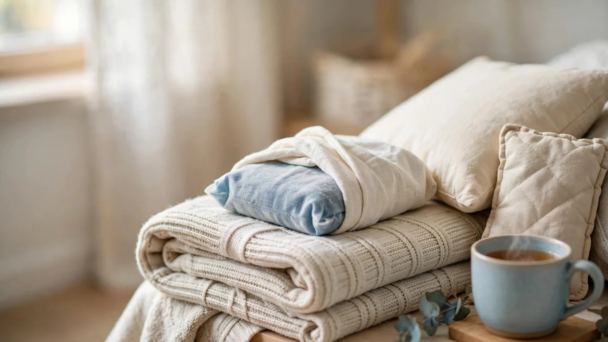 A cold pack wrapped in a thin towel resting on a folded blanket