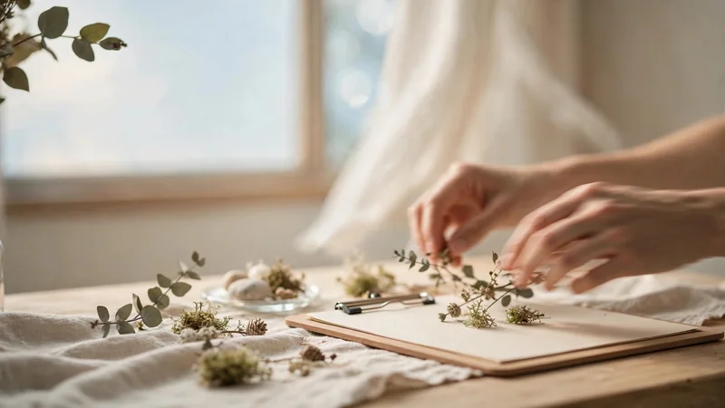 Hands arranging dried botanicals on a blank clipboard at a wooden table by a window, in soft daylight.