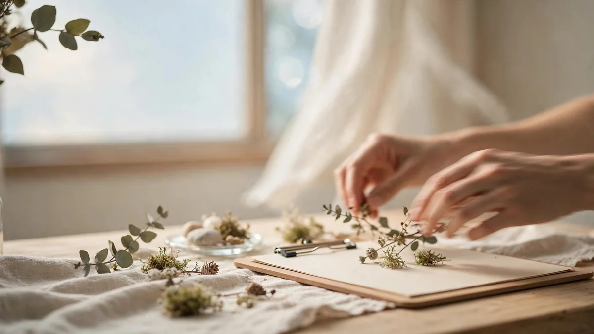 Hands arranging dried botanicals on a blank clipboard at a wooden table by a window, in soft daylight.
