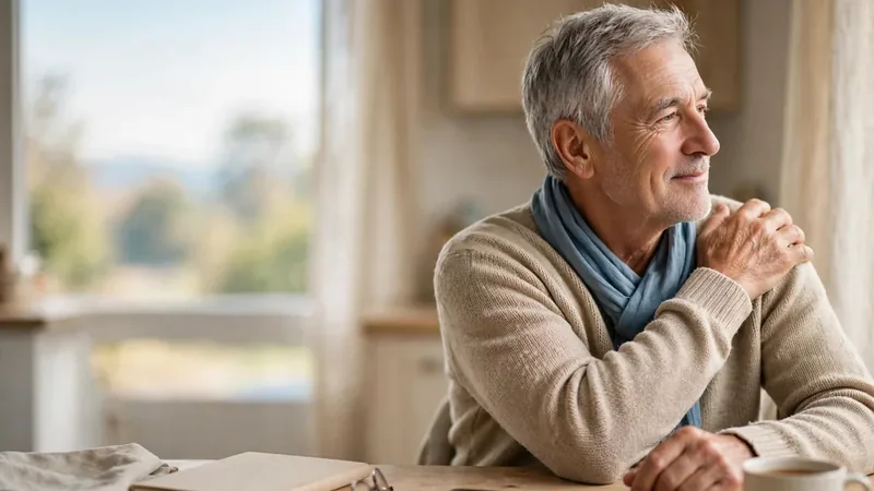 An older man in a cardigan seated by a window in soft daylight