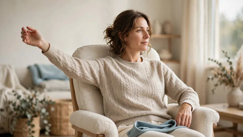 A person in a supportive chair with a light resistance band resting in their lap