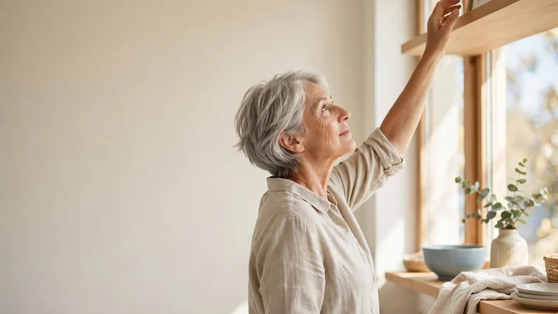 An older adult standing by a sunny window with one arm reaching gently toward a shelf