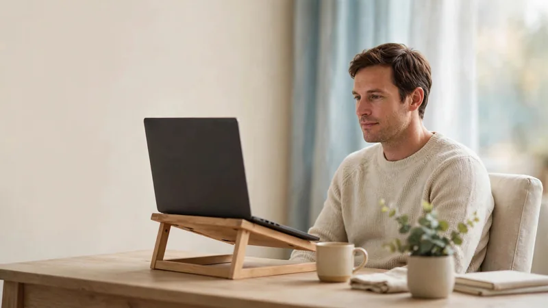 An adult seated at a desk with a laptop raised to eye level, sitting tall in a relaxed posture.