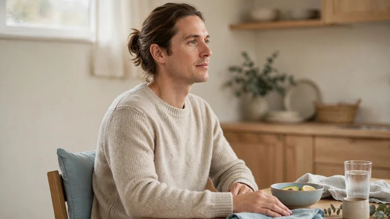 An adult sitting upright at a kitchen table, with relaxed shoulders and a neutral neck.