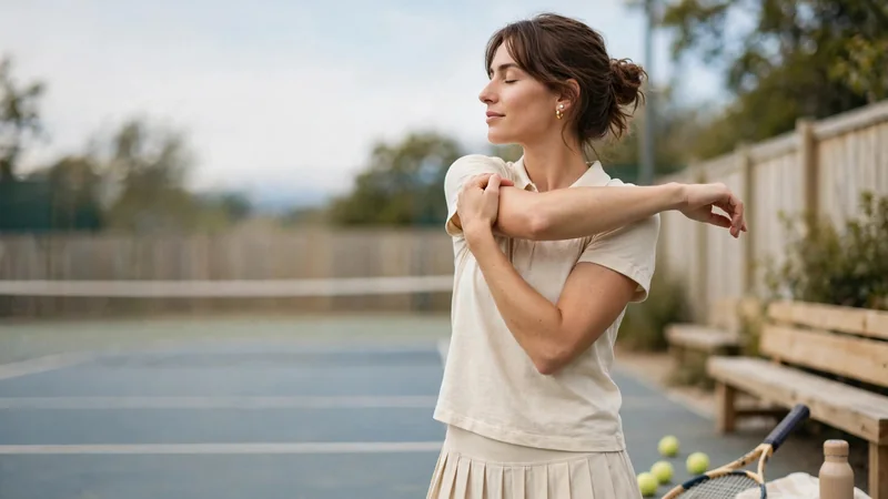 A person in tennis clothing stretching the arm across the body on an outdoor court, with a racket resting nearby.