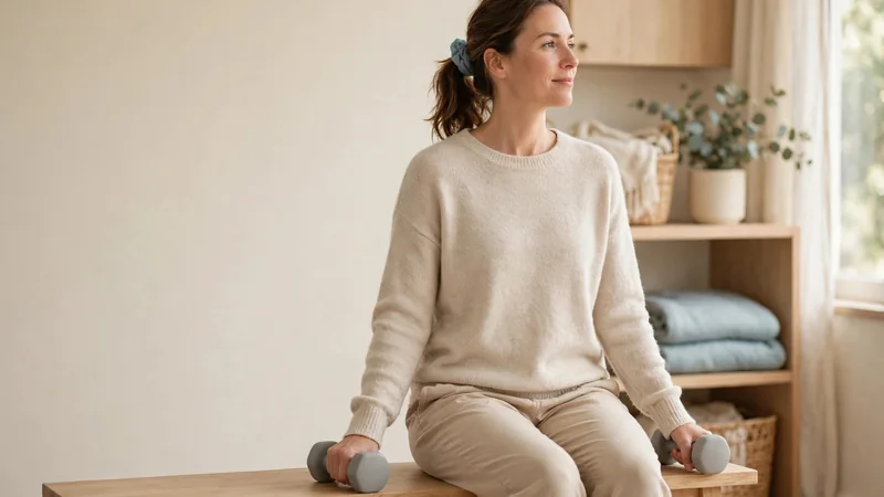A person seated on a bench with a light dumbbell in each hand, arms relaxed by the sides in a gym.