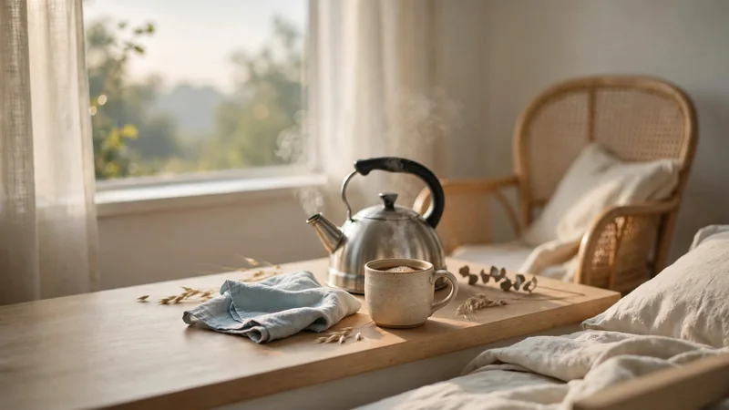 A kettle and a mug of coffee on a kitchen counter, with a chair nearby and morning light from a window.