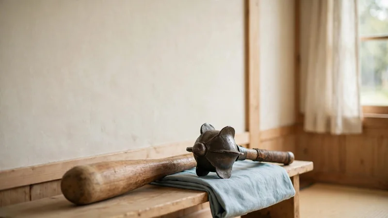 A traditional wooden club and a heavy mace displayed side by side against a plain wall in a training hall.
