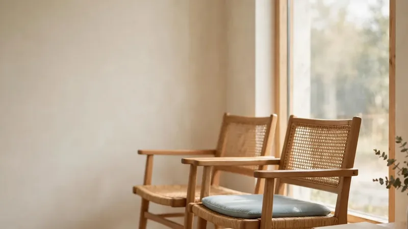 Two empty wooden chairs beside a tall window in soft daylight