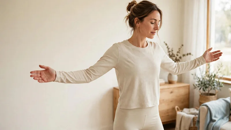 A woman in workout clothes doing slow, controlled arm movements in a bright room with a plain wall behind her