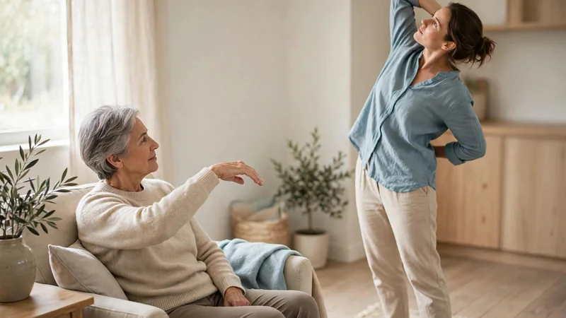An older adult seated upright in a comfortable armchair, lifting one forearm gently in front of the body, bright and calm room