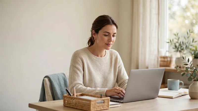 A person seated at a desk with a laptop, sitting tall with relaxed shoulders, in a bright, tidy home office