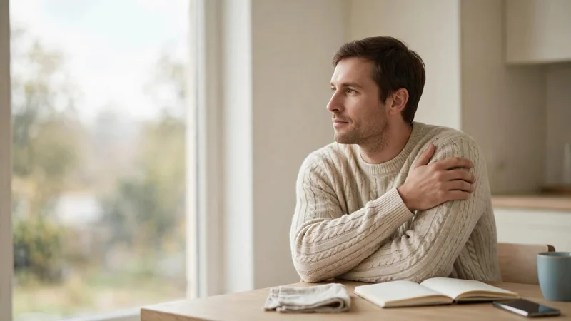 An adult seated by a window, one hand resting on the opposite shoulder, calm and thoughtful, soft daylight