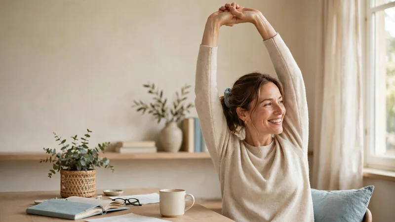 A person in a home office stretching their arms overhead while seated at a desk, relaxed and smiling
