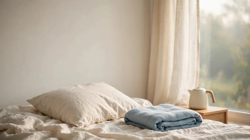 A pillow and a folded blanket on an unmade bed beside a window with soft morning light