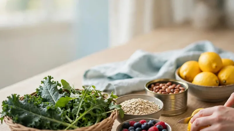 Fresh vegetables, berries and nuts in a basket on a kitchen table in soft daylight