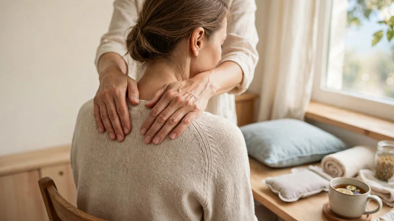 Two hands resting gently on a seated person's upper back in a bright room by a window