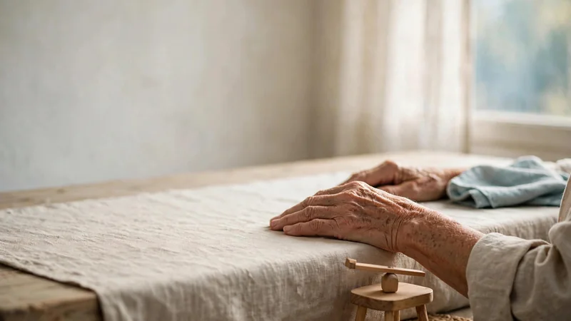 An older adult's hands resting on a table beside a simple wooden toy balanced on a low stool