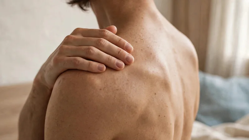 Close-up of a person's neck and shoulders with one hand resting gently on the top of the shoulder