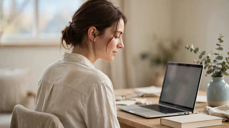 A person at a wooden desk sitting upright, one shoulder blade visible under a light cotton shirt
