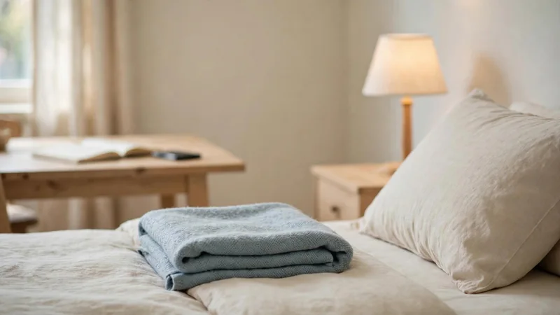 A pillow and folded blanket arranged on a made bed beside a bedside lamp in a quiet bedroom