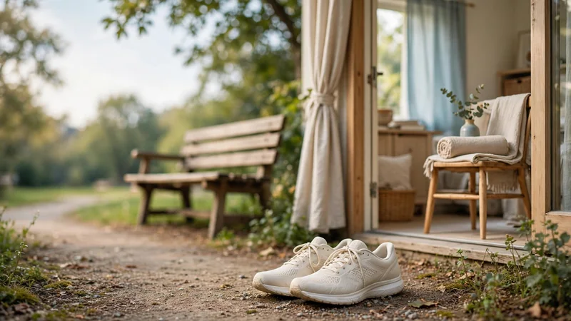 A pair of running shoes beside a park path on a sunny morning, with a bench in the background