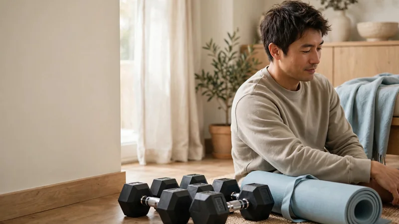 A row of weights resting on a gym floor beside a rolled exercise mat in a bright training space