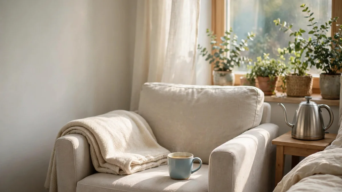 A folded blanket and a cup of tea on a sunlit armchair beside a window with plants