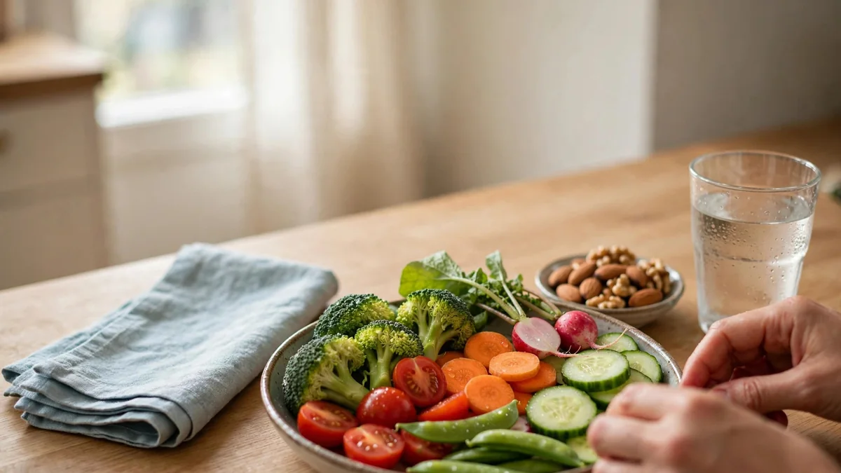 A bowl of mixed fresh vegetables, a glass of water and a small dish of nuts on a kitchen counter