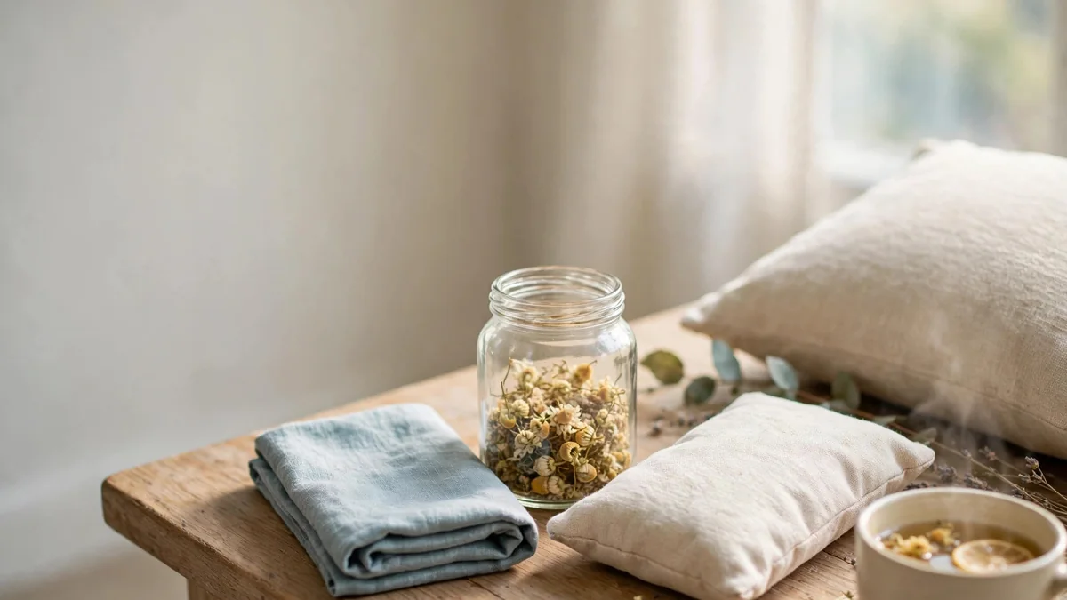 A glass jar and a folded cloth on a wooden table in soft morning light, with no people visible