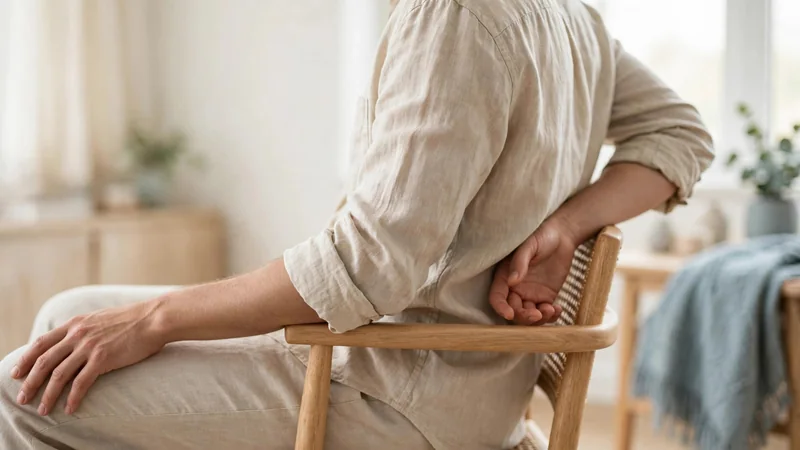 A pair of relaxed arms resting by the sides of a person seated in a chair, shown in soft window light, no face visible