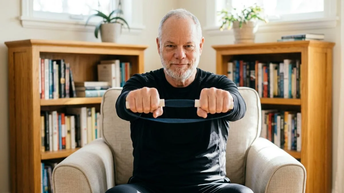 Van, founder of ShoulderBack Pro, seated in a cream armchair holding the trainer at chest height