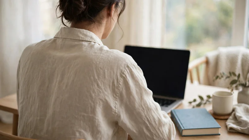 A person's shoulder and upper back seen from behind at a desk with a laptop, in soft daylight, face not visible