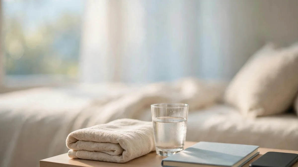 A folded towel and a water glass on a bedside table in soft morning light, no people visible