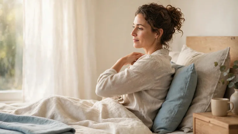 A person sitting up in bed in soft morning light, rolling one shoulder gently with a pillow behind the back.