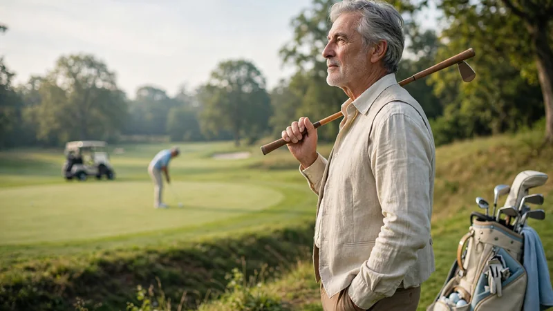 An older adult standing on a grassy edge with a golf club resting over one shoulder, looking toward a green on a sunny morning.