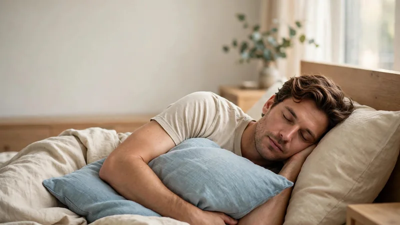 A young adult lying on one side in bed with a pillow tucked under the head and a second pillow resting in front of the chest, in soft morning light.