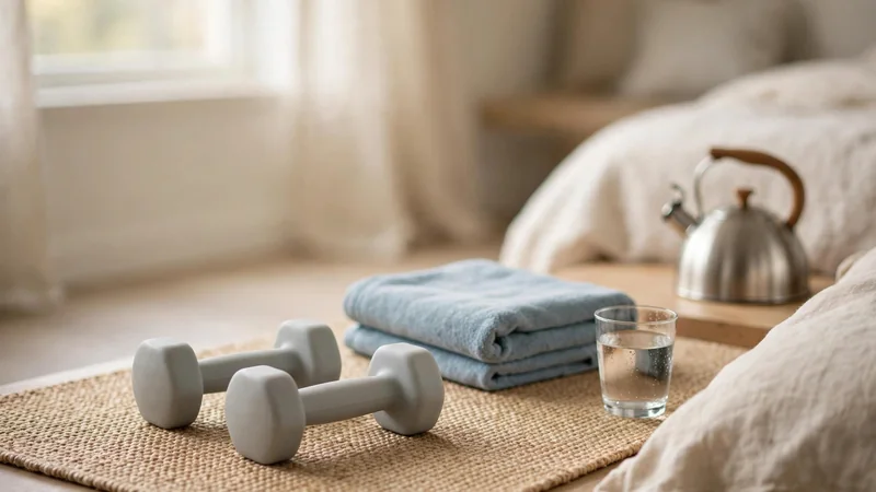 A pair of light dumbbells and a folded towel on a mat next to a glass of water, in a bright home exercise corner.