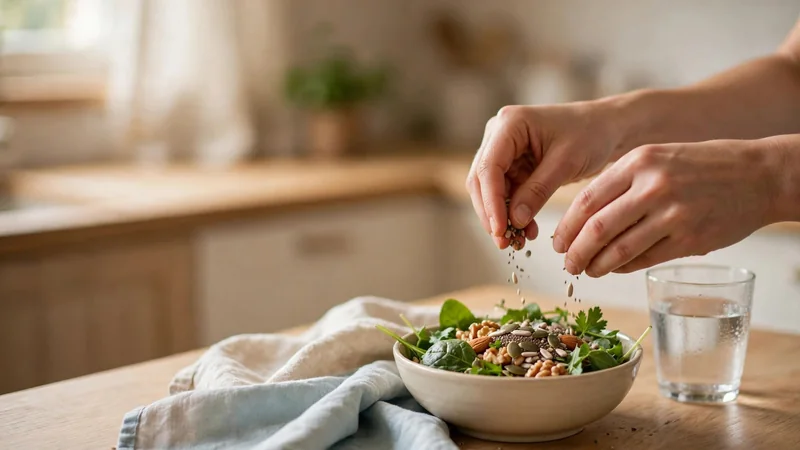 A small bowl of leafy greens, nuts and seeds on a kitchen counter next to a glass of water.