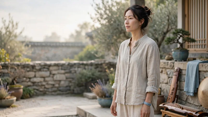 A person standing in an open courtyard in soft morning light, arms relaxed at the sides, with a low stone wall behind.