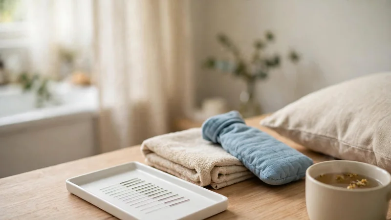 A set of thin acupuncture needles in a clean white tray beside a folded towel
