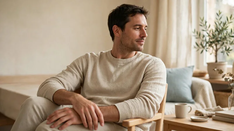 Person seated in a chair with one forearm resting across the lap in a relaxed, neutral position