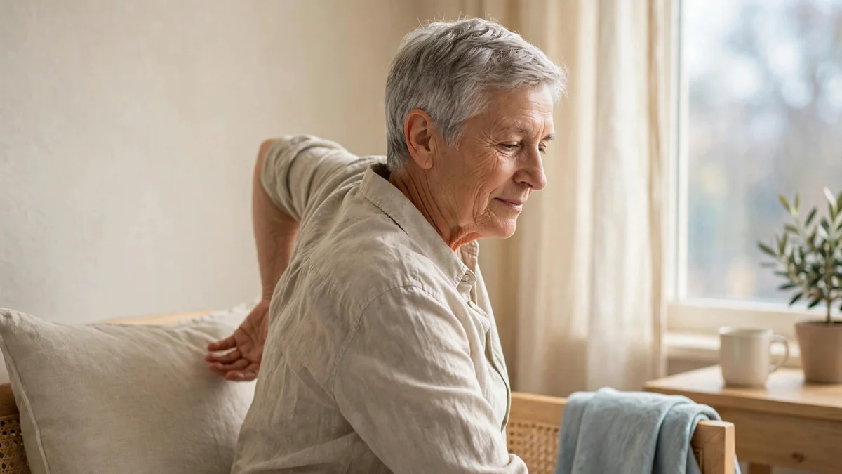 Older adult sitting by a window, gently reaching one arm across the body in soft daylight