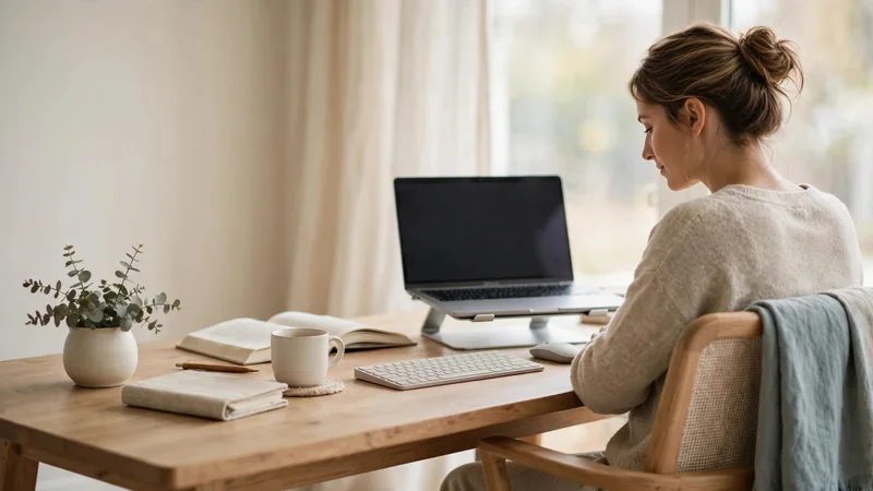 Tidy home office desk with a laptop on a stand, an external keyboard and mouse, and a supportive chair