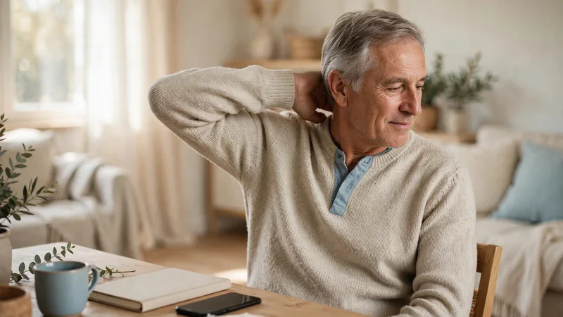 Older adult gently rolling one shoulder while seated in a sunlit living room