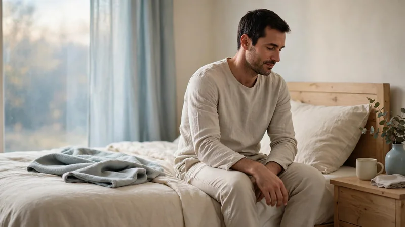 Person sitting on the edge of a bed in the morning, with head and shoulders relaxed and a hand on one knee